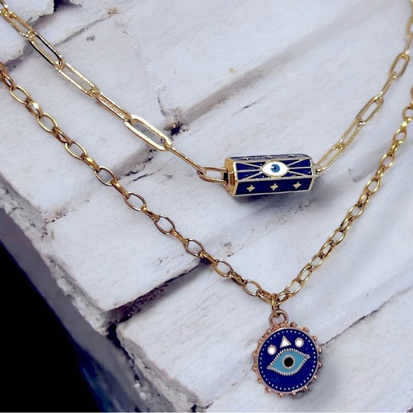 Gold toned and Blue Evil Eye Necklace Set Layer or wear alone - Picture 8 of 16